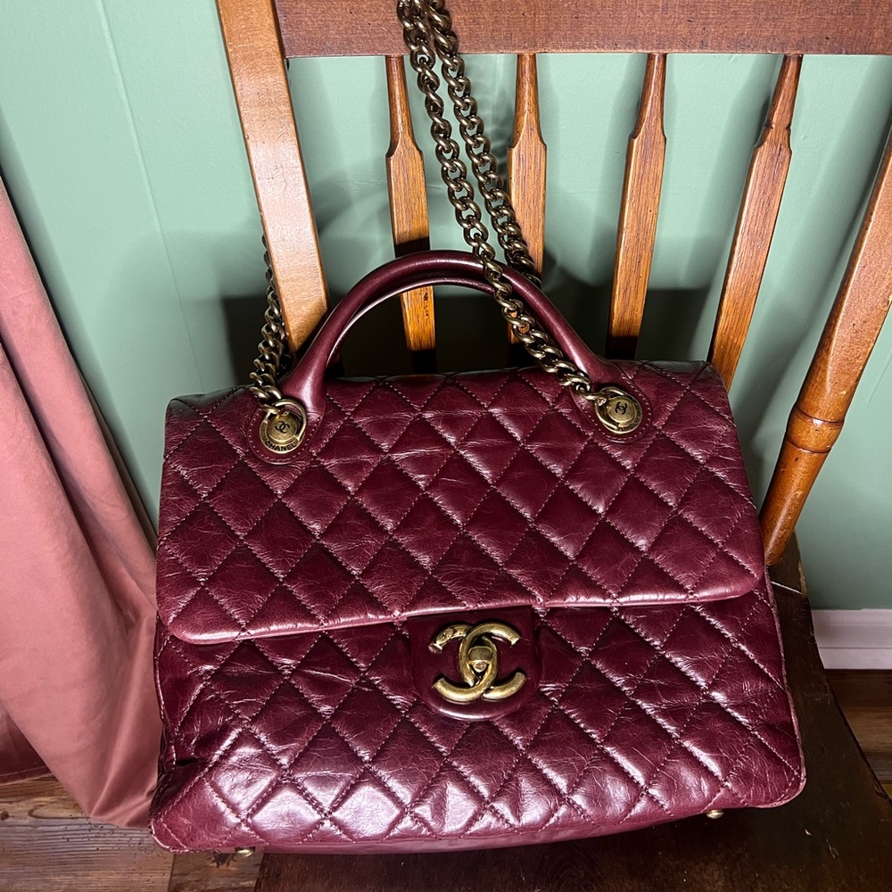 Rare Chanel Bordeaux Burgundy Distressed Calfskin Castle Rock Top Handle Flap